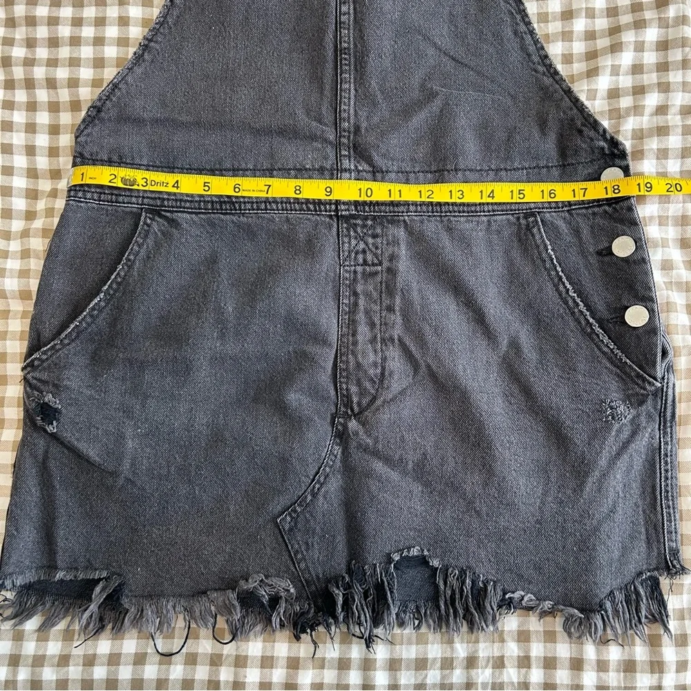 Free People Black Denim Distressed Hem Overall Mini Dress | Size 12 - Picture 8 of 10